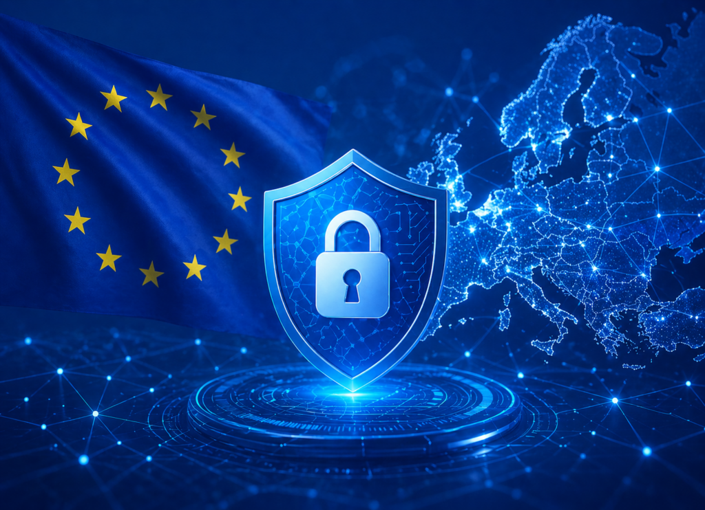 Im Bild ist mittig ein Schloss, das für Datensicherheit steht. Im Hintergrund links weht eine EU-Flagge und recht ist eine Landkarte von Europa zu sehen.